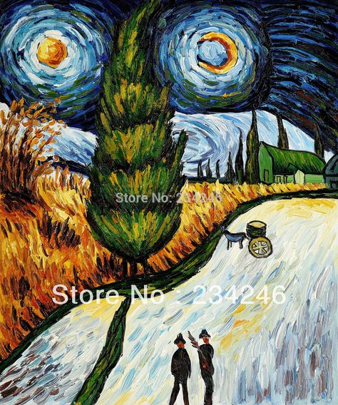 George W Bush Paintings, Road With Cypress And Star, Star Landscape, Wall Painting For Home, Landscape Wall Painting, Vincent Willem Van Gogh, Van Gogh Painting, Landscape Art Quilts, Painting For Home Decor