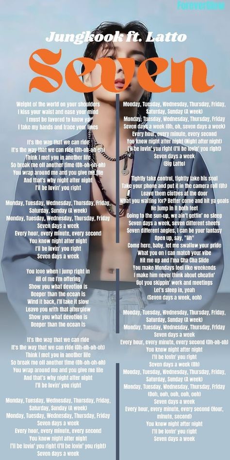 Seven Jungkook Song Lyrics, Seven Jungkook Lyrics, Seven Lyrics Jungkook, Yes Or No Jungkook Lyrics, Seven Song Jungkook, Money Song Lyrics, Korean Song Lyrics Kpop, Jungkook Song Lyrics, Kpop Songs Lyrics