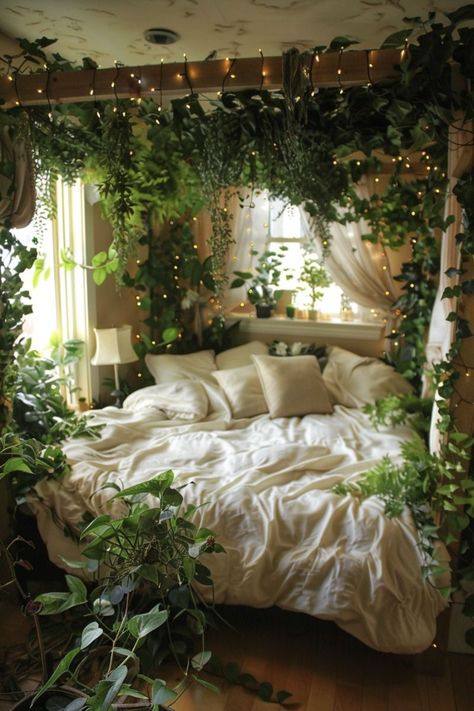 Canopy Bed Green Room, Cute Earthy Room Ideas, Earth Witch Bedroom, Forest Aesthetic Bedroom Ideas, Forestry Room Aesthetic, Earthy Room Aesthetic Bedroom, Cozy House With Plants, Earthy Canopy Bed, Room Ideas Aesthetic Nature