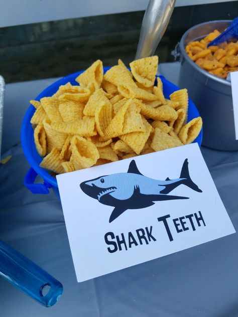 Megladon Shark Party, Sea Animal Food Ideas, Shark Birthday Party Snacks, Third Birthday Shark Theme, Finding Nemo Party Snacks, Breaker Rock Beach Vbs 2024 Food Ideas, Cruise Theme Party Food, Fish Theme Snacks, Shark Week 2024