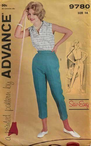 1960's Cropped Cigarette Pants and Blouse Sewing Pattern Size 14 UNCUT Vintage Advance 9780 60s Fashion Women, 1960s Fashion Women, Blouse Sewing Pattern, 50th Clothes, 60s Women, Blouse Sewing, 1960s Outfits, Fifties Fashion, Vintage Dress Patterns