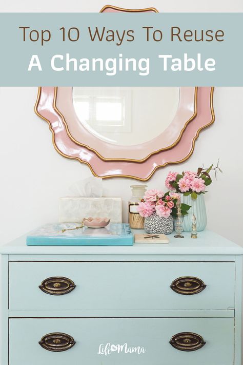 It's hard to see a nice, expensive piece of furniture go to waste when our children are too old to use it again. Case in point? A changing table. Once our baby is no longer a child, we no longer need this item. Luckily, we've gathered 10 brilliant ideas to reuse and repurpose your changing table so you can make the most of it and incorporate it into your home decor. | #lifeasmama #interiordesign #homeinterior #homedecor #interiordecor #housegoals Repurposed Changing Table Ideas, Ideas For Baby Room, Room Decor For Girls, Expensive Items, Baby Swings, Baby Changing, Mom Hacks, Nursery Neutral, House Goals