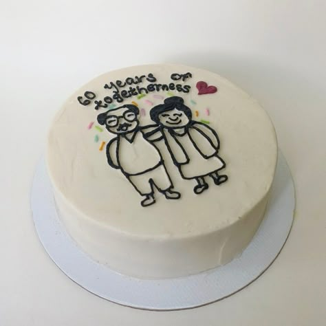 aesthetic anniversary cake with illustration Aesthetic Cake Designs Anniversary, Anniversary Cake For Grandparents, Desserts For Anniversary, Simple Cake Designs For Anniversary, Anniversary Aesthetic Cake, Banto Cake Design Aesthetic, Wedding Anniversary Bento Cake, Cake For Parents Anniversary, Anniversary Cake Funny