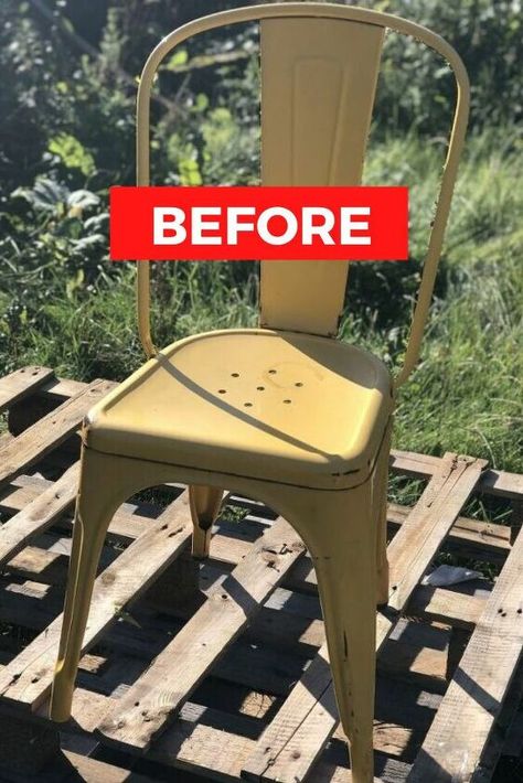 Are your outdoor metal chairs rusty and worn out? Give them a new life with this spray painting ombre idea. Check out the before and after photos of this retro metal chair. This upcycle idea is so cool you'll want to put these chairs in your dining room so you can enjoy seeing them all day long. This idea is also great for outdoor weddings or front porch. #diy #chair #makeover Diy Metal Chair, Metal Chair Makeover, Chair Makeover Ideas, Painting Plastic Chairs, Painting Ombre, Front Porch Diy, Painted Metal Chairs, Recycled Planters, Dining Chair Makeover