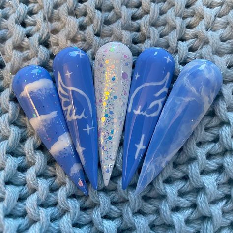 Heaven Nails Art Designs, Angel Nail Designs, Wing Nails Angel, Angel Wing Nails, Angel Themed Nails, Cloud Acrylic Nails Coffin, Angel Nail Art, Angel Nails Acrylic, Angel Nails Designs