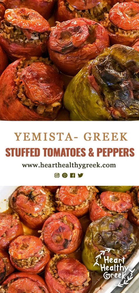 Gemista Recipe, Greek Stuffed Tomatoes, Rice And Tomatoes, Healthy Greek Recipes, Greek Stuffed Peppers, Mediterranean Dinner, Greek Recipes Authentic, Ground Beef Rice, Greek Dinners