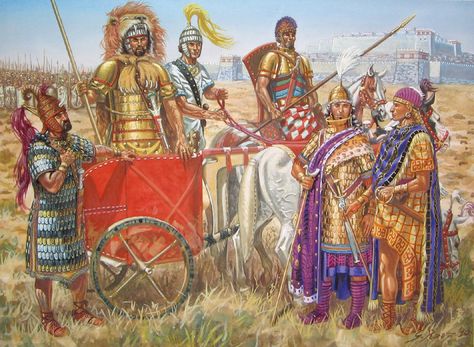 The Trojan War.  Achaean on the left in chariot, Trojan with Hittite on the right. Greco Persian Wars, Sea Peoples, Greek Soldier, Greek Warrior, Ancient Warfare, Greek History, In Memoriam, Greek Art, Bronze Age