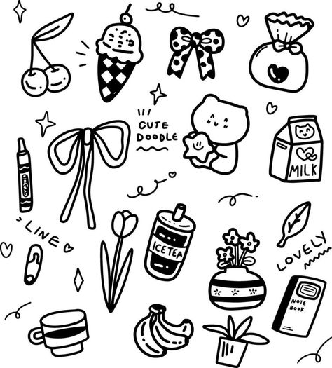 cute doodles element design for templates. Doodle Clipart Hand Drawn, Cute Doodle Icons, Cute Notebook Doodles, Cute Doodle Ideas, Girly Doodles, Spring Doodles, Easy Stamps, Stamp Drawing, Journal 2024