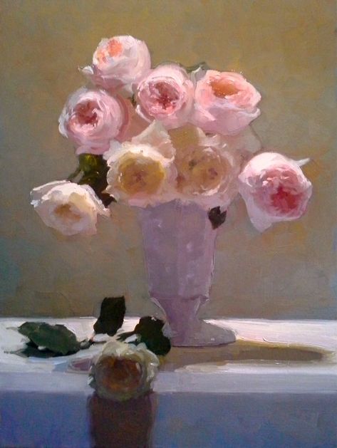 Dennis Perrin  "Roses in Milk Glass"  oil on linen  24" 18"  contact perrinpainter@gmail.com Dennis Perrin, Flowers In A Vase, Still Life Flowers, Floral Oil, Trendy Flowers, Paintings I Love, Still Life Art, Rose Art, Rose Painting