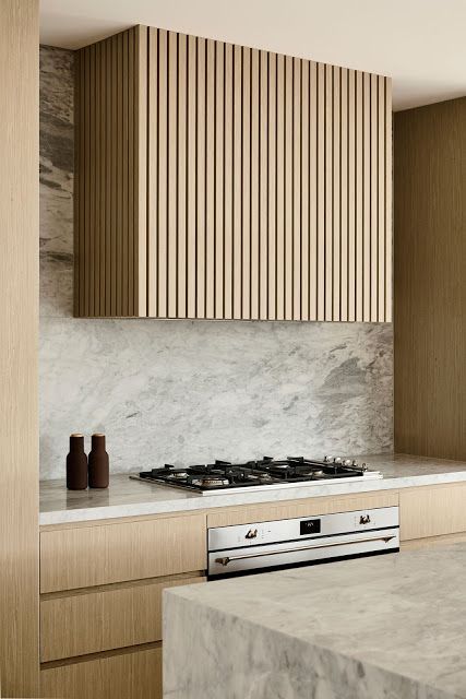 wood slat oven hood, solid marble wall // fort & field Design Building, Kitchen Hoods, Kitchen Design Trends, Contemporary Kitchen Design, Kitchen Trends, Wooden Cabinets, Trendy Home, Wooden Kitchen, Contemporary Kitchen