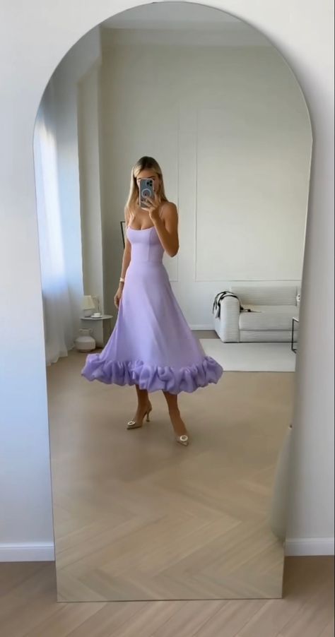 Purple Midi Dress Formal, Lilac Dress Accessories, Lilac Ruffle Dress, Lavender Ruffle Dress, Wedding Guest Dress Lilac, Lilac Cocktail Dress, Lavender Dress Outfit Wedding, Lilac Wedding Guest Dress, Lilac Dress Aesthetic