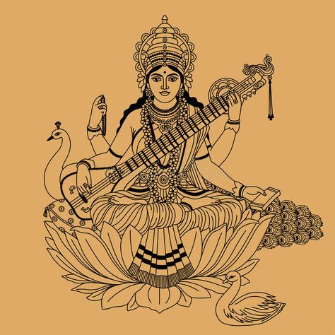 Saraswati Picture, Goddess Of Wisdom, Sak Yant Tattoo, Saraswati Goddess, Hindu Goddess, Indian Goddess, Pichwai Paintings, Goddess Artwork, Indian Art Paintings