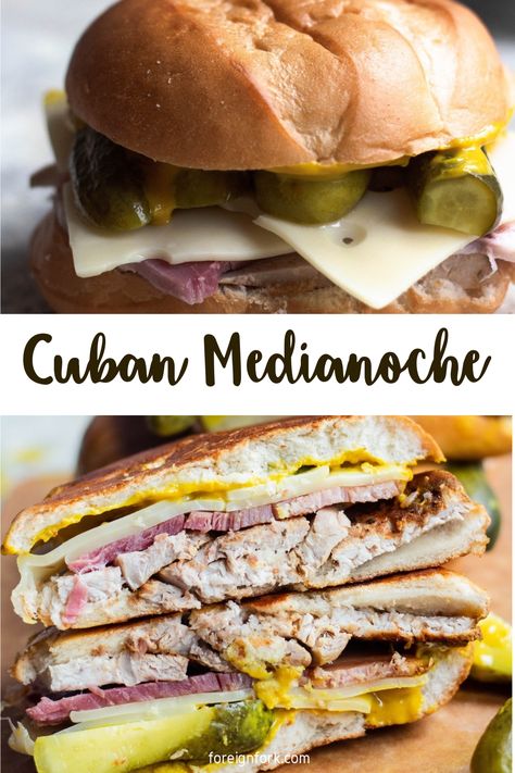 This Medianoche Sandwich from Cuba is a perfect, filling lunch or a fun, late-night snack. It’s piled high with pork, ham, mustard, pickles and Swiss cheese and then grilled to perfection. You’re going to love this Cuban Recipe! Sandwich Cubano, Peameal Bacon, Spiral Sliced Ham, Cuban Bread, Filling Lunch, Types Of Sandwiches, Bacon Sandwich, Easy Sandwich Recipes, Cuban Sandwich