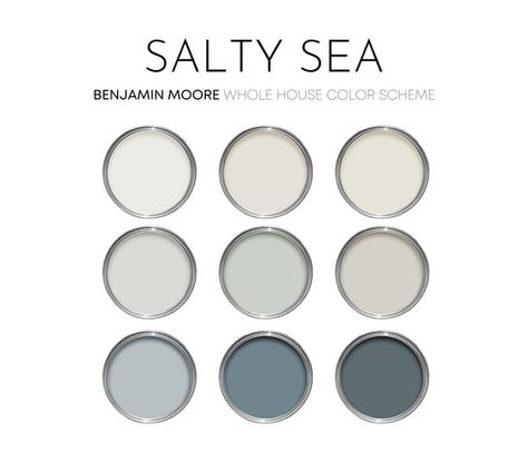 Sea Salt Benjamin Moore Paint Palette, Modern Coastal Interior Paint C – Millie Hart Interiors Coastal Cottage Paint Colors, Sea Salt Benjamin Moore, Sunroom Paint Colors Ideas, Beach House Color Scheme, Coastal Blue Paint, Modern Coastal Interior, Neutral Interior Paint Colors, Grand Millenial, Resene Colours