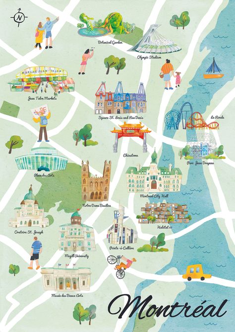 Illustrated map of Montreal on Behance Montreal Aesthetic, Canada Honeymoon, Wellness Vision Board, Toronto Vacation, Montreal Vacation, Montreal Trip, Canada Bucket List, Montreal Travel, Canada Map