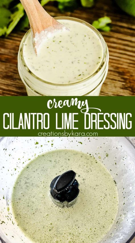 Spice up your salads with this flavorful Cafe Rio Cilantro Lime Dressing. Simply blend together all the ingredients for an amazingly delicious salad topping! #caferiodressing #cilantrolimedressing @Creations by Kara Cafe Rio Dressing, Cilantro Lime Ranch Dressing, Easy Naan Recipe, Biscoff Cookie Recipe, Creamy Cilantro Dressing, Salad Topping, Vanilla Bean Cheesecake, Cafe Rio, Buttermilk Dressing