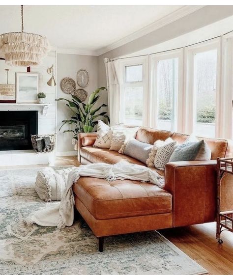 Rustic Neutral Living Room, Small Awkward Living Room Layout, Light Brown Leather Couch Living Room, Cognac Leather Couch Living Rooms, Cognac Sofa, Fireplace Lights, Leather Couch Living Room Decor, Furnitur Ruang Keluarga, Neutral Pillows