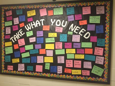 March bulletin board. In light of all the negativity coming from my community, I wanted to offer my residents some inspiration and words of encouragement. "Take What You Need" School Community Bulletin Board, Take What You Need Bulletin Board, March Bulletin Board, Office Bulletin Boards, Kindness Week, Work Bulletin Boards, Gratitude Board, Ra Bulletins, Ra Bulletin Boards