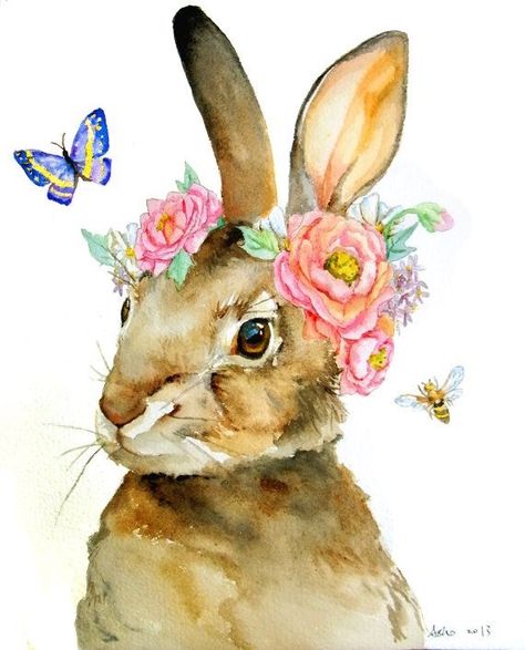 ♥️Bunny w/Flowers around ears and a butterfly and wasp by #asho on Etsy♥•♥•♥ Peony Illustration, Illustration Kunst, Rabbit Art, Bunny Art, Arte Animal, Art And Illustration, Watercolor Animals, Animal Illustration, Painting Inspiration