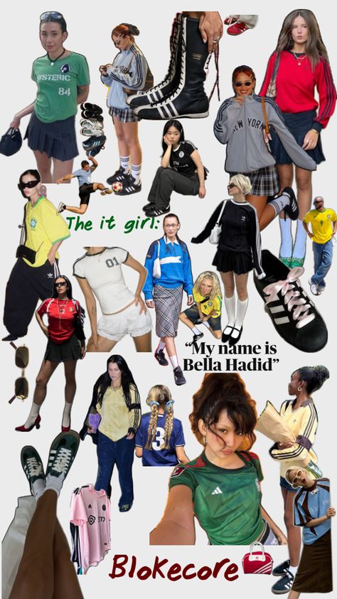 A collage about the Bloke core aesthetic which includes soccer jerseys, skinny heels, soccer sneakers such as cleats and adidas sambas, plaid skirt, black bold sunglasses, a nude lip, and a sculpted face. A tight and sleek hairstyle. And a plaid skirt. Bloke Core, Soccer Outfits, Summer Trends Outfits, Outfit Inspo Casual, What Should I Wear, Summer Fashion Trends, Fancy Outfits, Summer Trends, Mode Inspiration