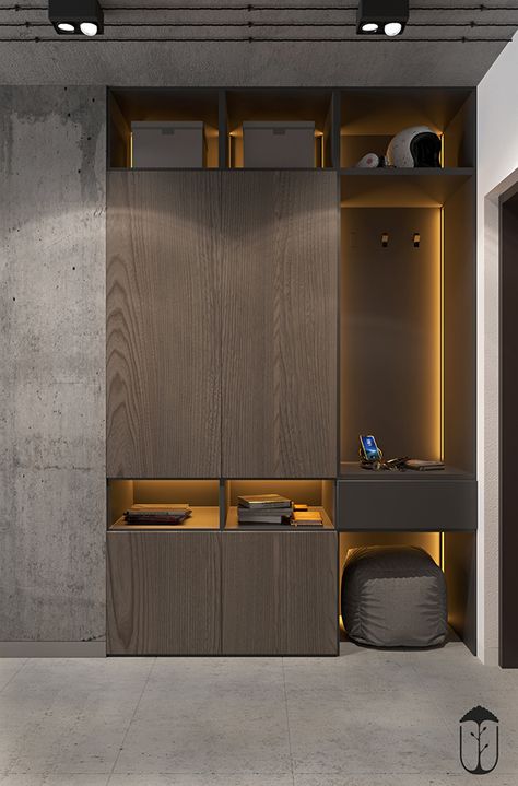 Modern Industrial Apartment, Vstupná Hala, Dressing Design, Industrial Apartment, Entrance Furniture, Wardrobe Door Designs, Bedroom Cupboard Designs, Wardrobe Interior Design, Foyer Design