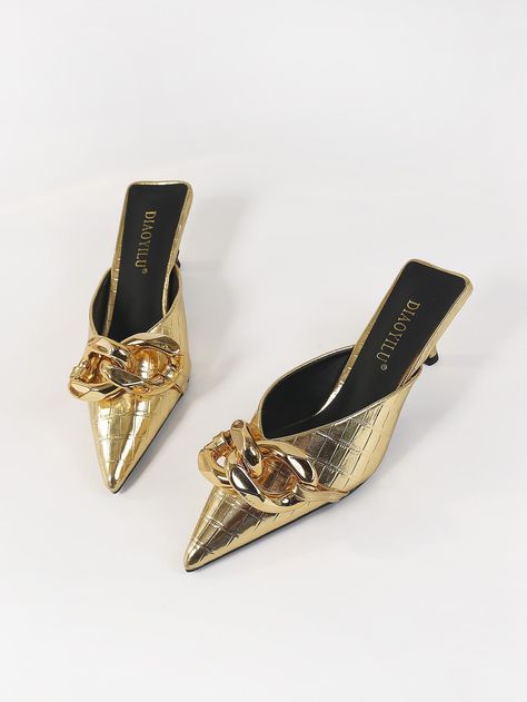 Gold  Collar     Embellished   Women Shoes Mules Heels, Random Outfits, Unique Heels, Chain Decor, Gold Collar, Women's Watches, Shein Style, Cute Shoes, Women's Pumps