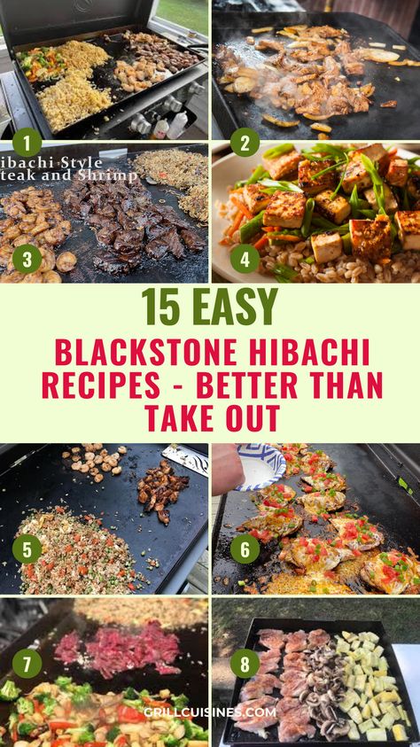 Discover 15 Blackstone Hibachi recipes that are better than takeout! From juicy hibachi steak, teriyaki chicken to hibachi garlic noodles, succulent shrimp to fried rice, and grilled veggies, explore easy-to-make dishes perfect for your next hibachi-style feast on the griddle. these hibachi griddle recipes are ideal for dinner, a large group or crowd. #BlackstoneGriddle#HibachiAtHome#BetterThanTakeout#GrillingRecipes#OutdoorCooking Asian Griddle Recipes, Steak Shrimp And Chicken Hibachi, Veggie Hibachi Recipes, Recipes To Make On Blackstone, Chicken Habatchi Blackstone, Blackstone Grill Recipes Hibachi Steak And Chicken, Hibachi For A Crowd, Blackstone Veggies Recipes, Hibachi Steak On Blackstone Griddle