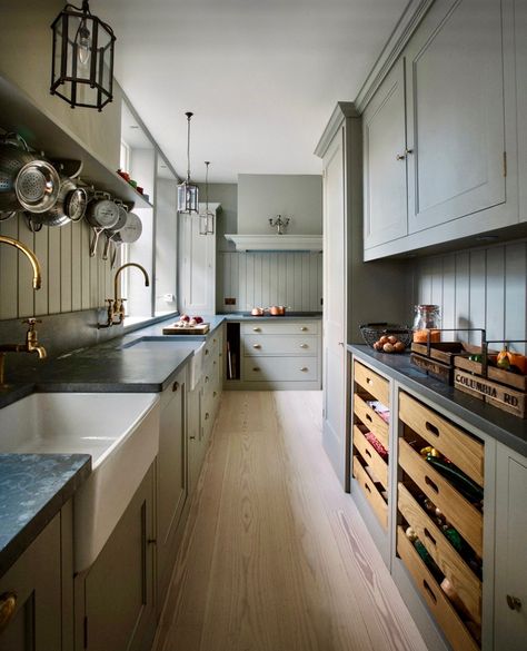 Soapstone counter, farmhouse sink Black Soapstone Countertops, Plain English Kitchen, Soapstone Countertops, Beadboard Backsplash, Plain English, Galley Kitchens, Wall Mounted Taps, English Kitchens, Cottage Inspiration