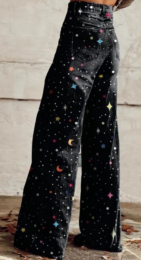 Hot Sale>>Women's Vintage Print Casual Wide Leg Pants Graphic Jeans, Casual Wide Leg Pants, Denim Patterns, Printed Wide Leg Pants, Upcycled Clothing, Painted Clothes, Moon Print, Pantalon Large, Mode Inspo