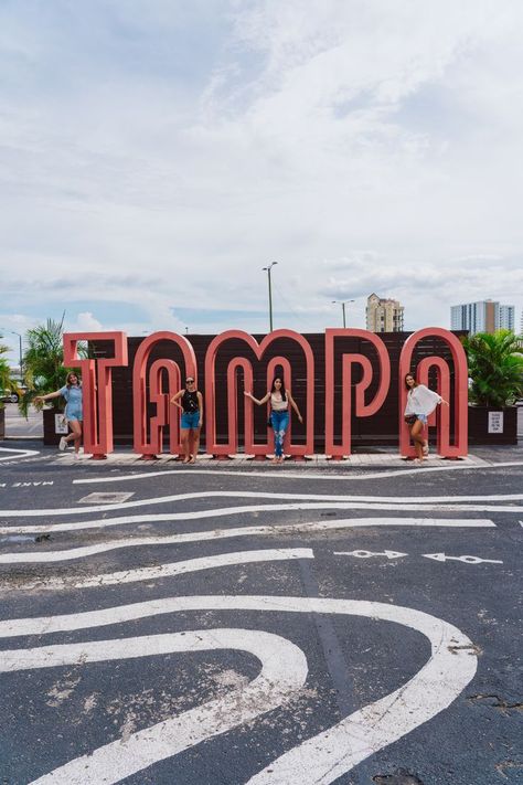 Girls posed in front of Tampa sign at Sparkman Wharf Weekend Getaway Ideas, Things To Do In Tampa, Things To Do In Summer, Vacation Aesthetic, Moving To Florida, Summer Ideas, Florida Usa, Florida Vacation, Tampa Florida