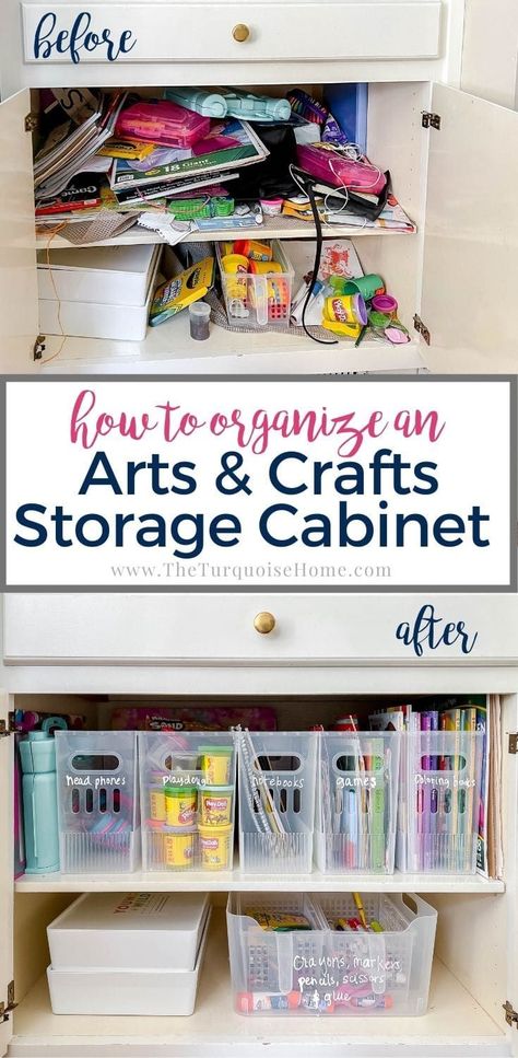 How to Organize an Arts & Crafts Storage Cabinet Crafts Storage Ideas, Arts And Craft Storage, Arts And Crafts Cabinet, Craft Organizer Cabinet, Kids Art Storage, Kids Craft Storage, Craft Storage Ideas, Craft Closet Organization, Craft Storage Cabinets