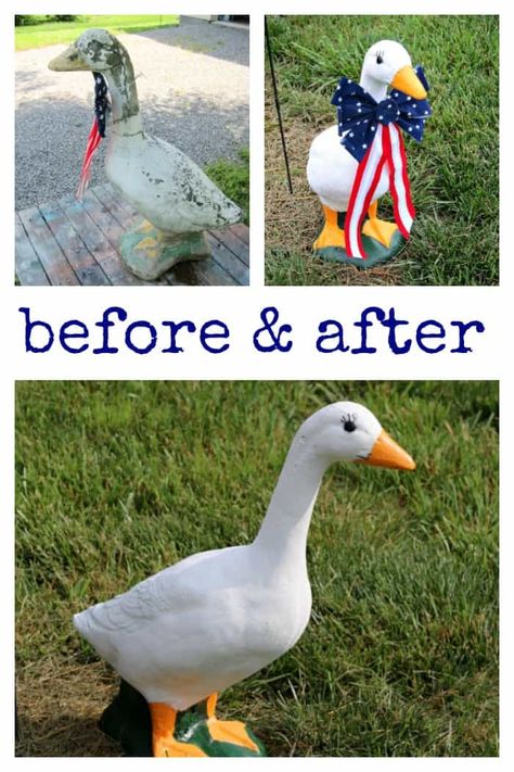 How To Paint Concrete Garden Statues | My Neighbor's Goose Lawn Statues, Paint Cement, The Sun Painting, Concrete Goose, Concrete Yard, Concrete Garden Statues, Concrete Stain Patio, Paint Concrete, Cement Statues