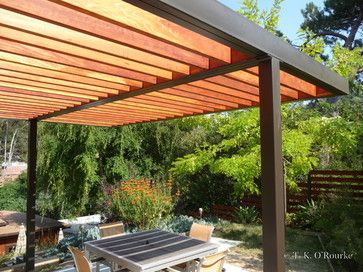 contemporary wooden pergolas | Modern Steel and Wood Pergola contemporary patio Small Pergola, Steel Pergola, Cheap Pergola, Contemporary Patio, Modern Pergola, Pergola Attached To House, Metal Pergola, Wood Pergola, Pergola Design