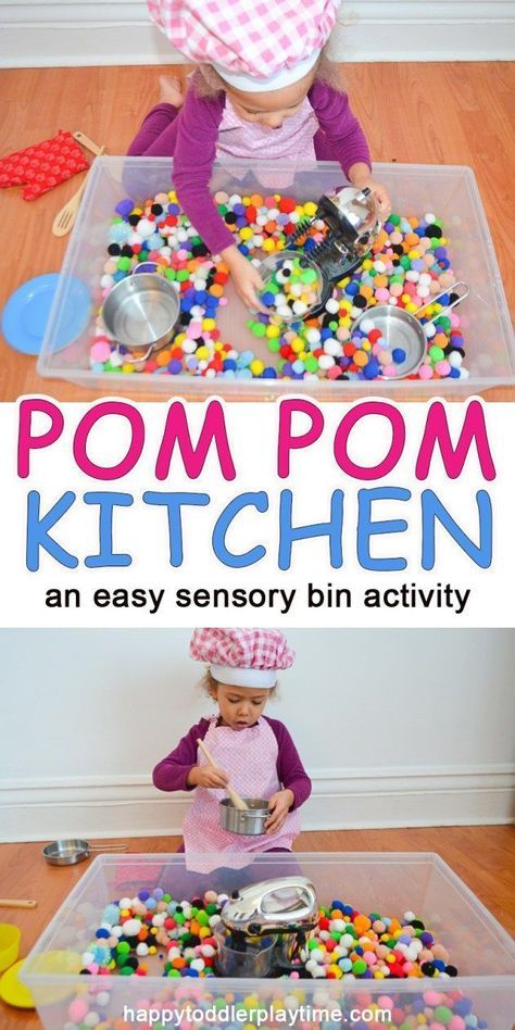 fun kitchen themed pom pom sensory bin! An easy sensory play activity for preschoolers and toddlers! Sand Art Projects, Toddler Sensory Bins, Play Activity, Sensory Activities Toddlers, Toddler Sensory, Aktivitas Montessori, Kids Sensory, Toddler Snacks, Sensory Bin