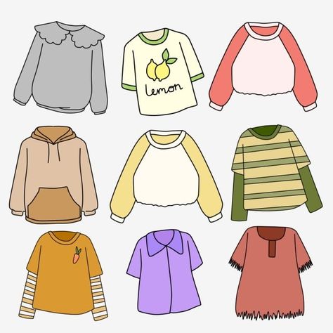 sweater,fashion element,clothes element,fashion,hand drawn clothes,shirt,sweater illustration,clothes illustration,cute clothes,blue clothes,green clothes,pink,green,blue,purple,yellow,brown,hand,cute,drawn,hand clipart,cute clipart,shirt clipart,drawn clipart,fashion clipart,blue clipart,sweater clipart,yellow clipart,green clipart,pink clipart,purple clipart Cartoon Style Clothes, Cartoon Shirts Drawing, Cartoon Clothes Ideas, Cartoon Shirt Drawing, Cloths Drawing Idea, Sweater Outfits Drawing, Fashion Outfits Cartoon, Shirt Ideas Drawing, Sweater Drawing Reference