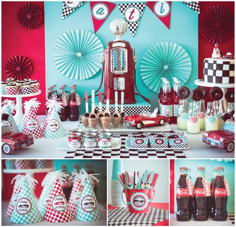 Vintage Car Theme. Fill'er up gas station party https://www.facebook.com/PrettyPaperParties photos by Jericah Photography https://www.facebook.com/pages/Jericah-Photography/155018284513554?ref=br_tf 1950s Theme Party, Grease Themed Parties, Pinup Party, Vintage Car Party, Pin Up Party, 50s Theme Parties, Sock Hop Party, Rockabilly Party, Diner Party