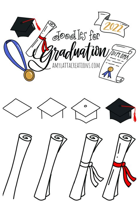 Image contains a collage of graduation themed doodles. Diploma Drawing Easy, Grad Cap Drawing Easy, Easy Diy Graduation Cards, Graduation Doodles Hand Drawn, Hand Drawn Graduation Cards, Graduation Cap Drawing Easy, Senior Drawing Ideas, How To Draw A Graduation Cap, Graduation Cap Doodle