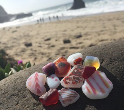 Risking injury for America’s finest beachcombing treasure. || Mary McCarthy Surf Yoga, Pottery Bottles, Beach Glass Crafts, Rock Hunting, Driftwood Beach, Glass Beach, Mosaic Supplies, Sea Glass Beach, Sea Side