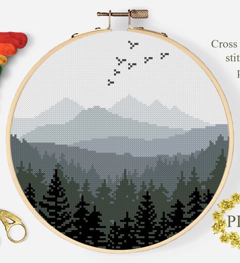 Cross Stitch Patterns Mountains, Masculine Cross Stitch, Cross Stitch Landscape Simple, Simple Cross Stitch Designs, Nature Cross Stitch Patterns Free, Cross Stitch Landscape Patterns Free, Cross Stitch Landscape Patterns, Modern Cross Stitch Patterns Free Charts, Cross Stitch Patterns Nature