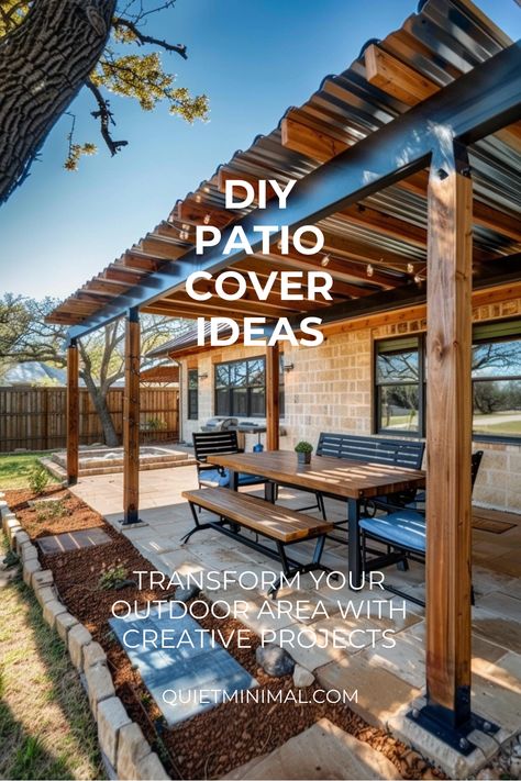 Build your own pergola and more with our DIY patio cover instructions. #BuildItYourself #DIYPergola Diy Covered Porch Budget, Back Porch With Pergola Patio Ideas, Galvanized Patio Cover, Extend Covered Patio Ideas, Building An Awning Over Patio, Diy Outdoor Covered Patio, Build Patio Cover, Covering Deck Ideas, Covering A Patio