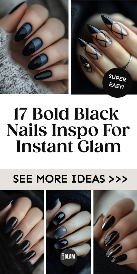 Discover chic and bold black nails ideas to elevate your nail game! From sleek black nails design to edgy black nails with design, these striking manicures are perfect for any occasion. Whether you prefer classic black nails or modern black nails acrylic, there's a style here for everyone. Get inspired and transform your look with these stunning black nail designs. Black Nail Polish With Chrome, Neutral Nails With Black Design, Black Nails Elegant, Black And Grey Nails Designs, Black And Glitter Nail Designs, Black Geometric Nails, Edgy Black Nails, Classic Black Nails, Black Nails With Design