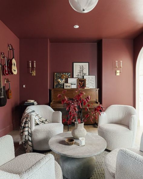 Benjamin-Moore-Fading-Twilight-living-room - Interiors By Color Burgandy Interior Design, Bewitched Paint Color, Bedroom Design Big Room, Benjamin Moore Fading Twilight, Arroyo Red Benjamin Moore, Wine Colored Room, Benjamin Moore Chestnut, Chestnut Benjamin Moore, Benjamin Moore Bewitched