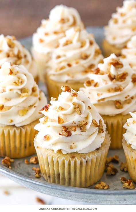 Pecan Cupcakes Recipe, Butter Pecan Cupcakes, Cinnamon Buttercream Frosting, Pecan Cupcakes, Butter Pecans, Moist Vanilla Cupcakes, Cinnamon Buttercream, Cupcakes Recipe, Butter Pecan