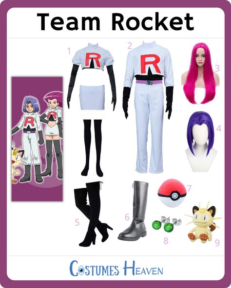 Keep the Pokémon theme going with the Team Rocket costume this Halloween. You are ready to assemble a notorious thieving team with this couple costume. #teamrocket #Pokemon #cosplay #halloweencostume #costumesheaven Diy Team Rocket Costume, Pokemon Team Rocket Costume, Team Rocket Couple Costume, Pokemon Couple Costume, Costume Ideas Cosplay, Team Rocket Costume, Costume Ideas 2023, Team Rocket Cosplay, Rocket Costume