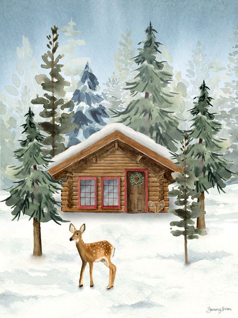 Cabin and deer winter art print Deer Garden, Urs Polar, Christmas Tree Graphic, Winter Clipart, Winter Woodland, Winter Cabin, Woodland Christmas, Snow Scenes, Winter Forest