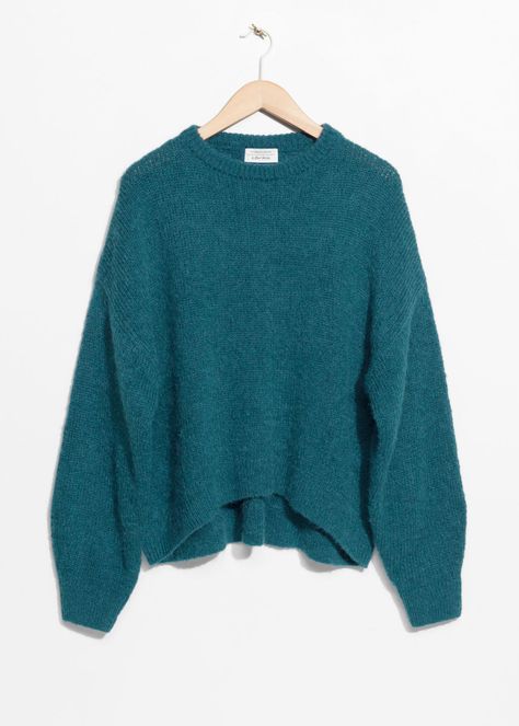 Front image of Stories oversized sweater in turquoise Teal Clothing Aesthetic, Dark Teal Clothes, Dark Teal Outfit, Teal Sweater Outfit, Teal Clothes, Teal Aesthetic, Turquoise Clothes, Teal Outfits, Turquoise Sweater