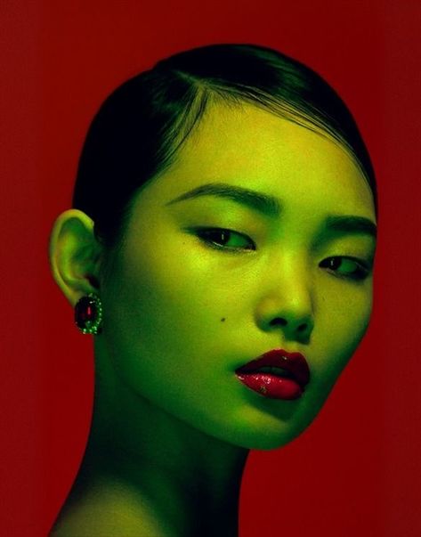 i chose this because i love the lighting and how the lips and earring match the background Vogue Italia, Not Mine, Lips, Vogue, I Love, Lighting, Makeup, Green, Red