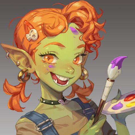 Goblin, BYUN ARI on ArtStation at https://www.artstation.com/artwork/e0PR6P Green Skinned Characters, Green Skin Character Design, Green Skin Character, Goblin Dnd Character Design, Goblin Girl Art, Cute Goblin Girl, Goblin Drawing, Goblin Oc, Cute Goblin