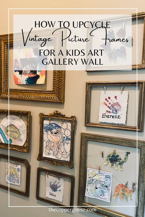 After receiving a coat of gold paint and antiquing glaze, these vintage picture frames formed the perfect gallery wall! See how I upcycled these old wooden frames to create a fun gallery wall for kids' art. DIY home decor / easy diy home decor / antique picture frames / how to antique gold / vintage decor ideas / repurposed / thrifted home decor / upcycling / repurposing / gallery wall ideas / diy gallery wall / kids art display #gallerywallideas #vintagepictureframes Kids Art Work Wall Display, Kids Art Gallery Wall Ideas, Kids Artwork Frames, Picture Frames On The Hallway Wall, Kids Gallery Wall Artwork Display, Framed Kids Artwork, Antique Frames On Wall Ideas, Thrifted Art Gallery Wall, School Picture Frame Ideas