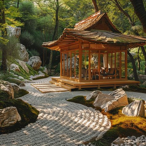 Serene Garden Pavilion: A tranquil garden featuring a traditional wooden pavilion nestled among carefully arranged rocks and lush greenery. #garden #pavilion #tranquility #wooden #rocks #aiart #aiphoto #stockcake ⬇️ Download and 📝 Prompt 👉 https://ayr.app/l/Ta3Q Chinese Warm Pavilion, Japanese Pavilion, Wooden Pathway, Greenery Garden, Wooden Pavilion, Stepping Stone Paths, Tranquil Garden, Serene Garden, Garden Pavilion